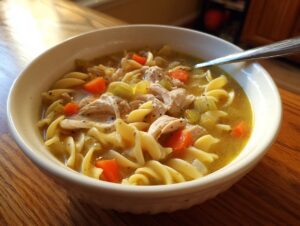 Close-up of a white bowl filled with rich slow cooker chicken noodle soup featuring shredded chicken, carrots, celery, and spiral noodles.