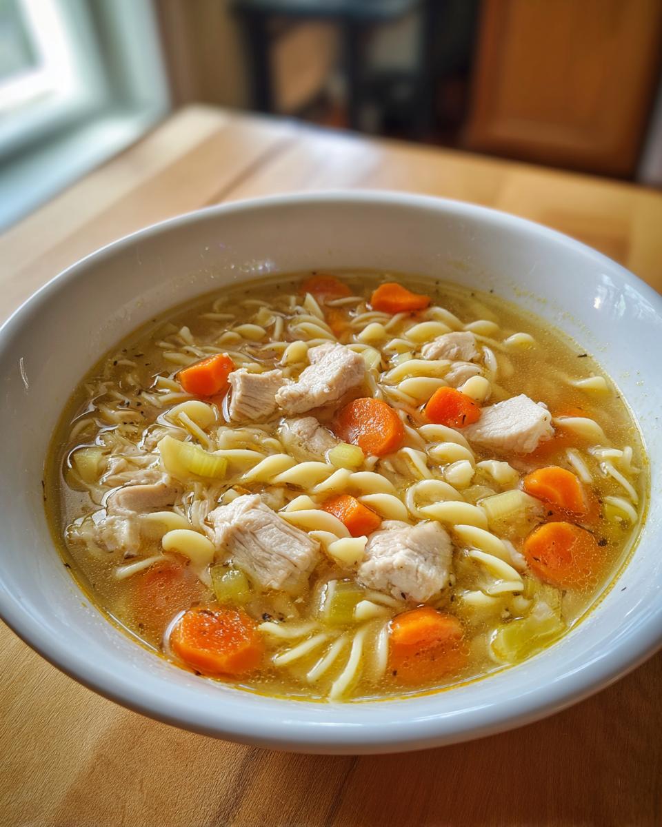 A close-up of a white bowl filled with steaming slow cooker chicken noodle soup, featuring chunks of chicken, egg noodles, carrots, and celery.