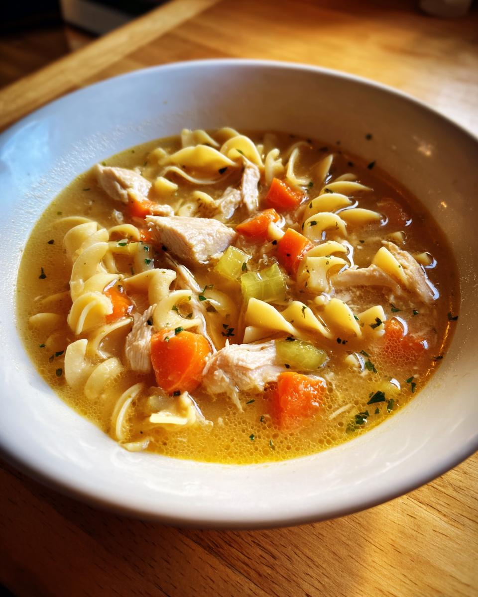 Close-up of a white bowl filled with rich broth, chunks of chicken, carrots, celery, and egg noodles from the slow cooker chicken noodle soup.