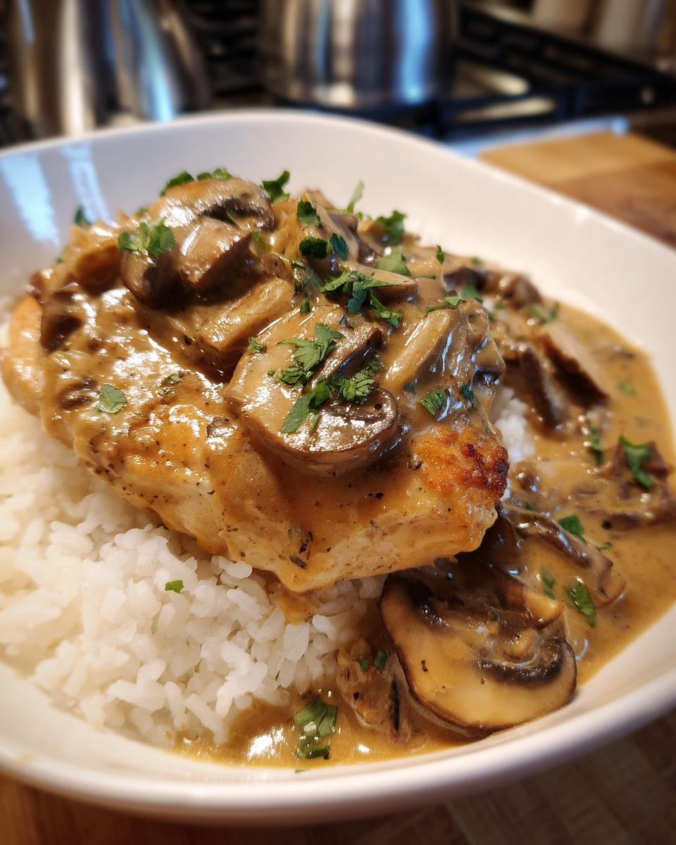 A serving of smothered chicken and rice topped with a rich, creamy mushroom gravy and fresh parsley.