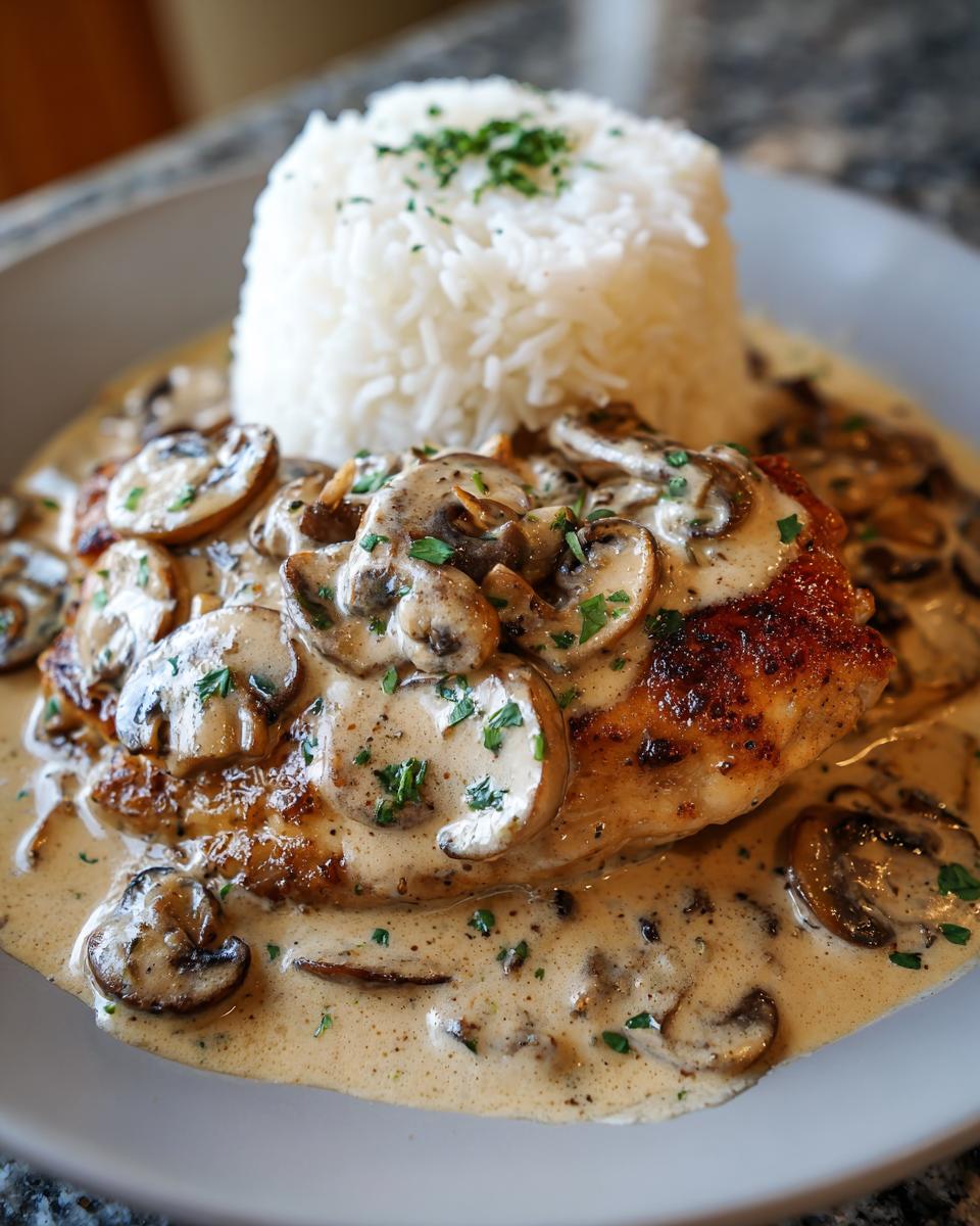 A serving of smothered chicken and rice topped with a rich, creamy mushroom sauce and fresh parsley.