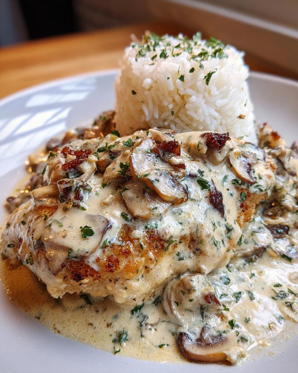 Close-up of smothered chicken and rice topped with a rich, creamy mushroom sauce and fresh parsley.