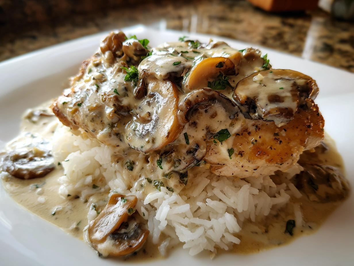 A serving of smothered chicken and rice topped with a thick, creamy mushroom sauce and fresh parsley.