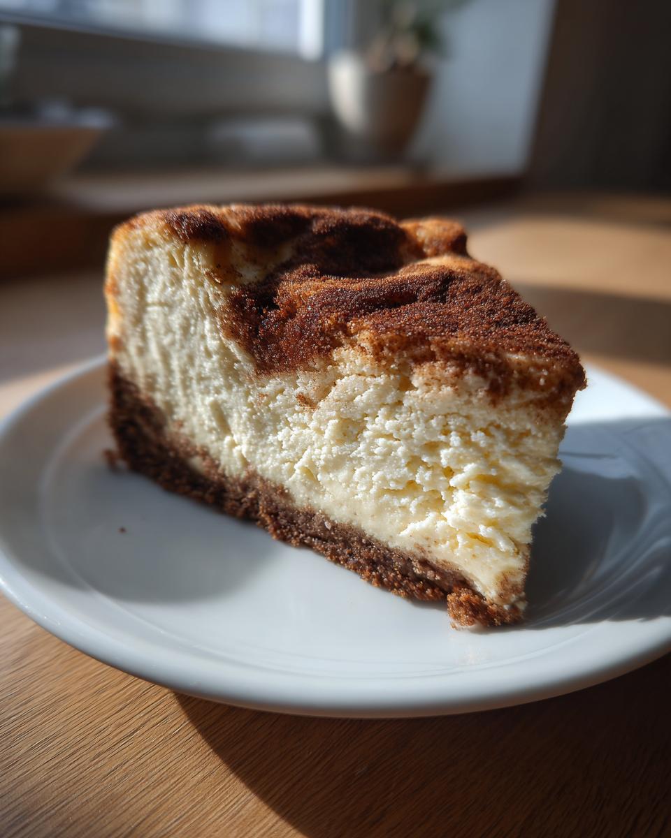 A close-up of a thick slice of snickerdoodle cheesecake with a rich cinnamon topping and dark crust on a white plate.