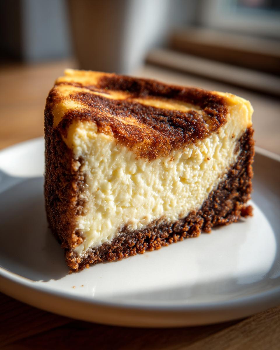 A close-up of a rich slice of snickerdoodle cheesecake showing a creamy filling and a dark cinnamon swirl topping.