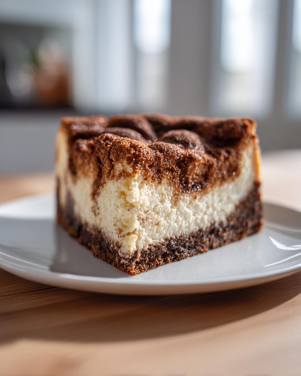 A close-up slice of creamy snickerdoodle cheesecake featuring a dark crust and a cinnamon-swirled topping.