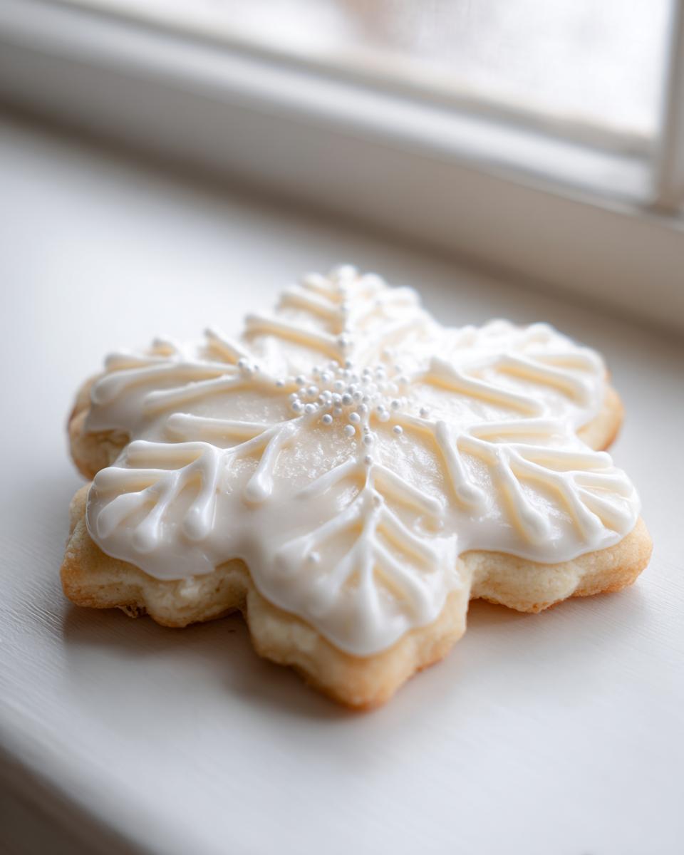 A snowflake-shaped sugar cookie topped with thick, white royal icing and white nonpareils, showcasing the results of a sugar cookie icing recipe.