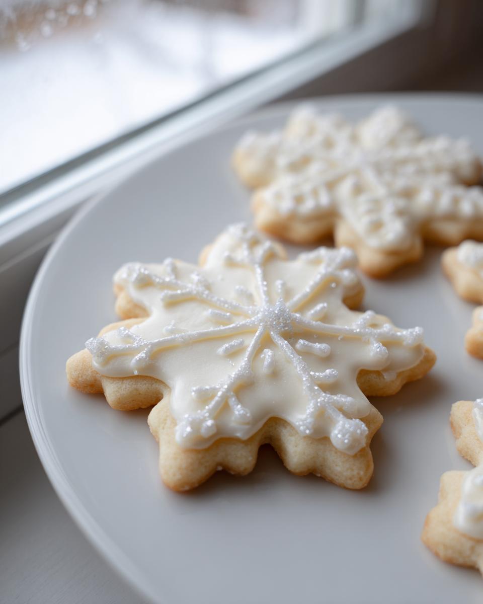 Close-up of a snowflake sugar cookie decorated with smooth white icing and edible glitter, showcasing the sugar cookie icing recipe.