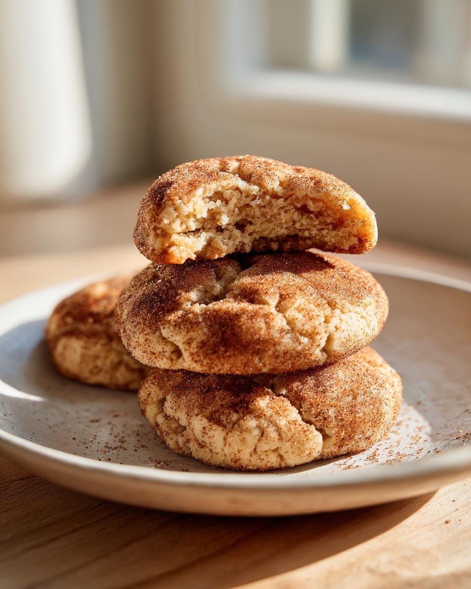 A stack of three soft, cinnamon-sugar coated applesauce cookies, one broken open to show the texture.