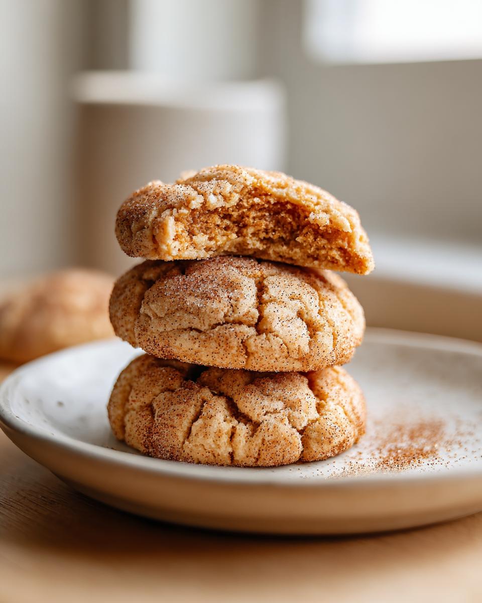A stack of three soft, crackled applesauce cookies coated in cinnamon sugar on a light plate.