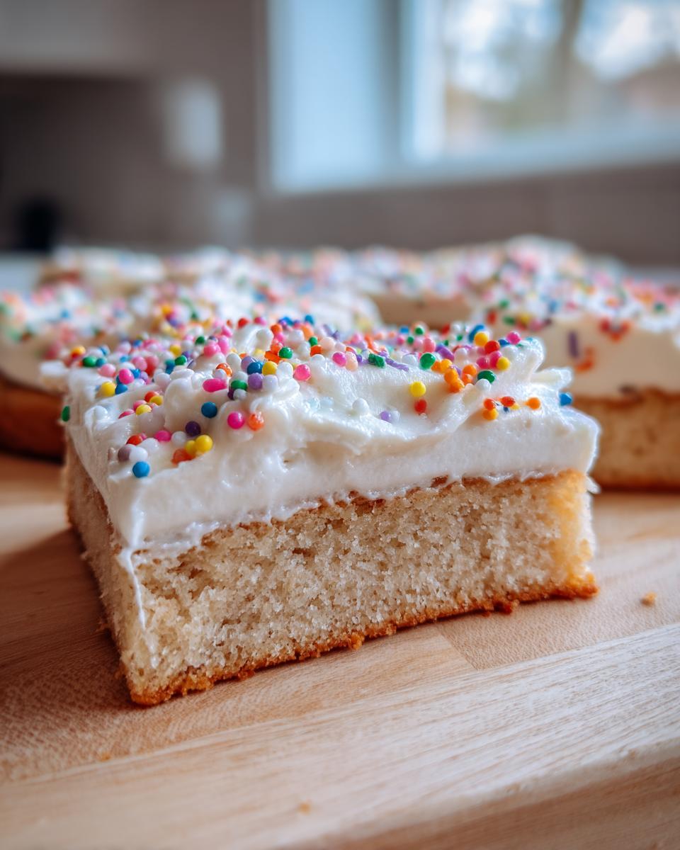 A close-up of a thick, soft sugar cookie bars slice topped with white frosting and colorful sprinkles.