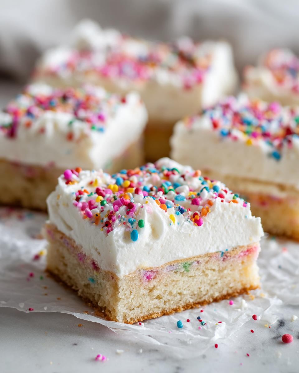 Close-up of a soft batch sugar cookie bars square topped with thick white frosting and colorful sprinkles.