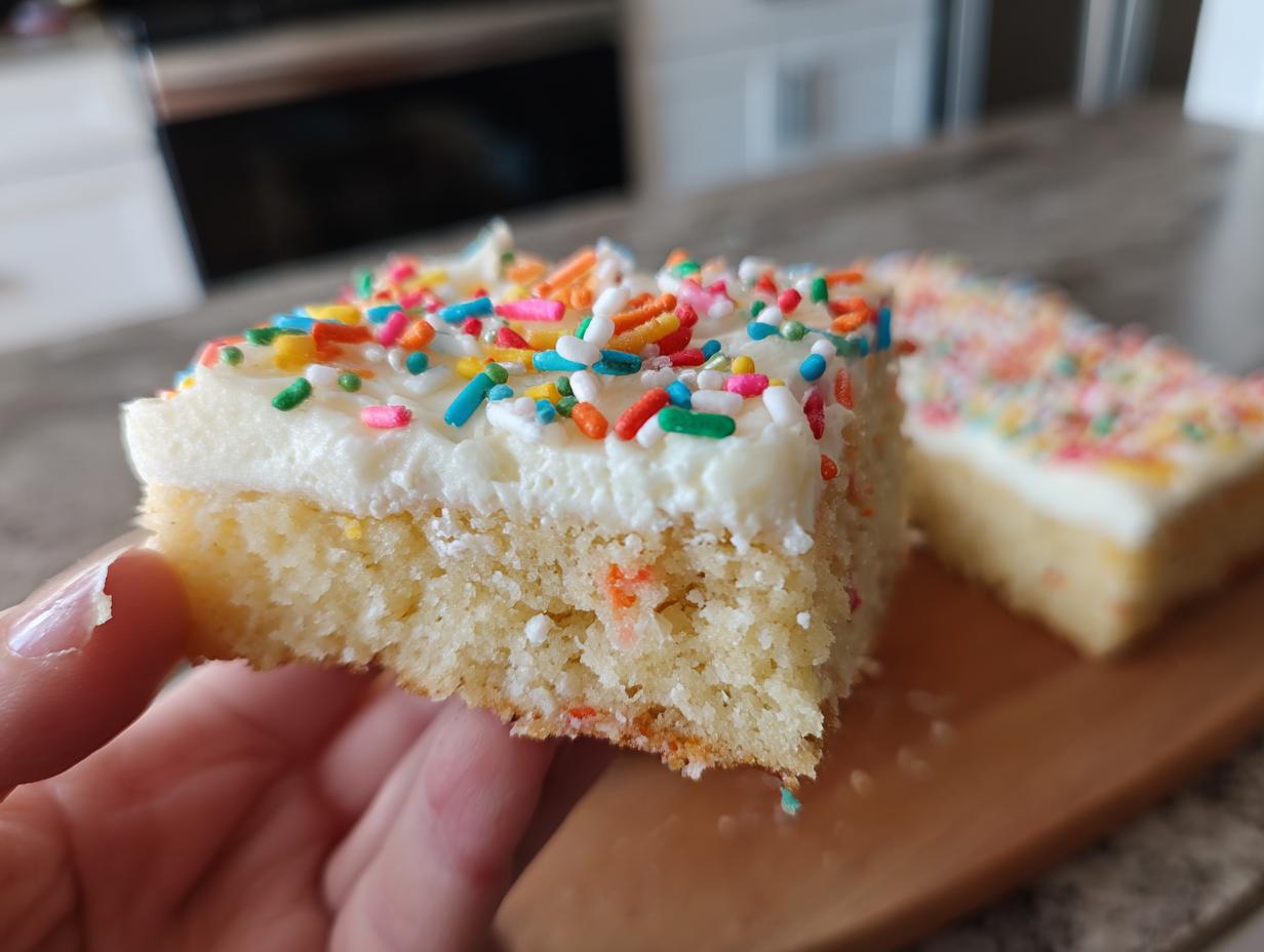 Close-up of a soft batch sugar cookie bars slice held by a hand, topped with white frosting and colorful sprinkles.