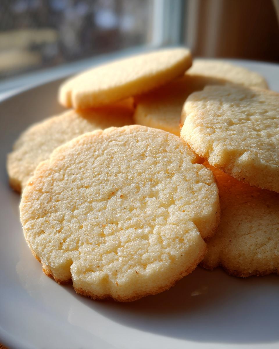 Close-up of several soft, round cutout sugar cookie rounds stacked on a white plate.