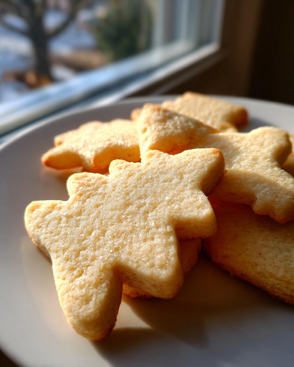 Close-up of soft, golden-brown cutout sugar cookie shapes piled on a white plate near a window.