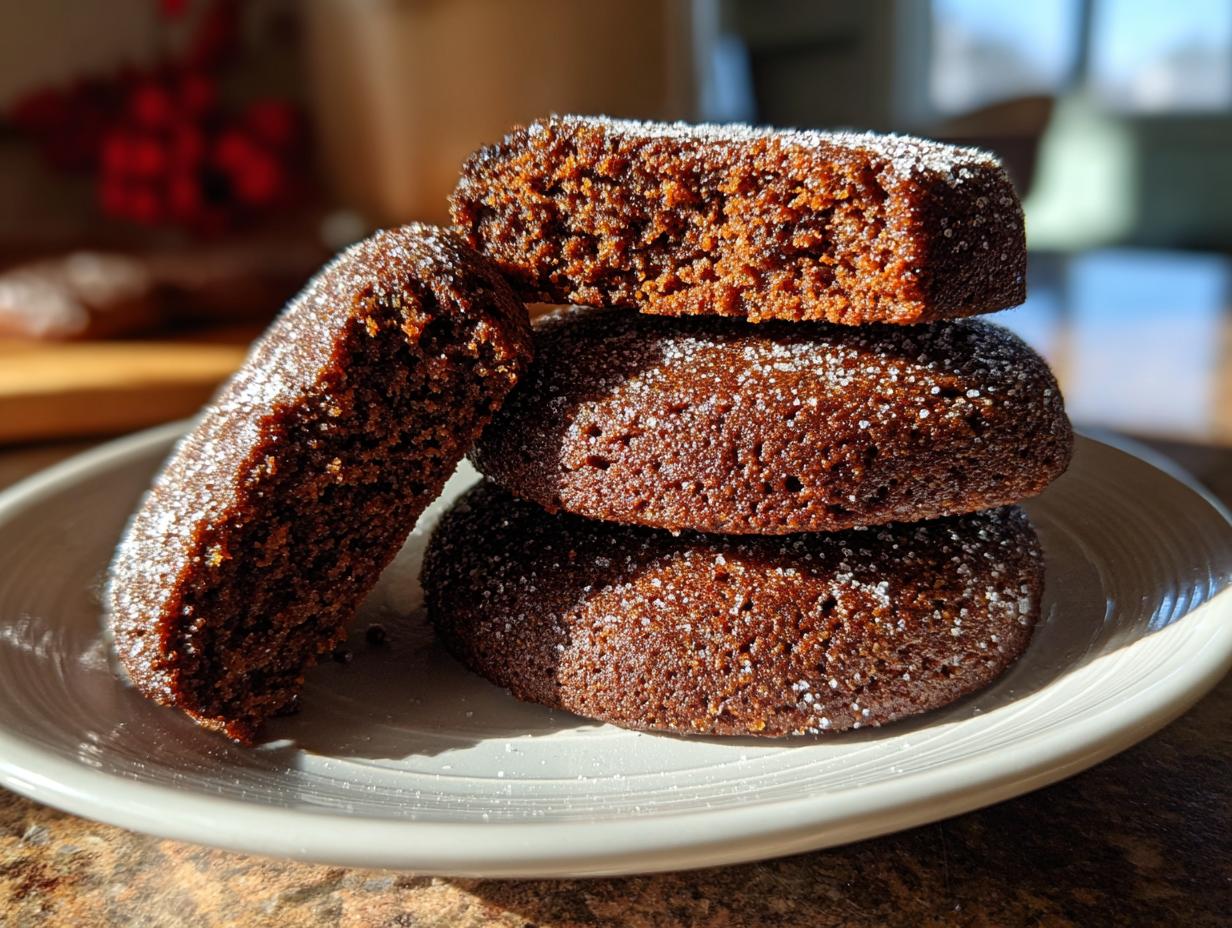 Close-up of a stack of three dark, moist soft gingerbread cookies dusted with sparkling sugar.