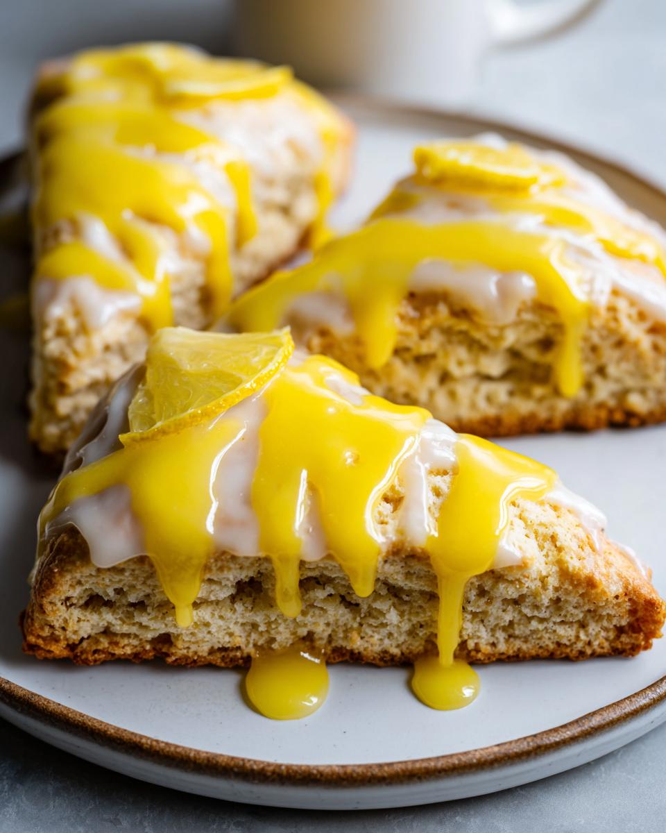 Three triangular lemon scones drizzled with white and bright yellow lemon glaze, garnished with lemon slices.