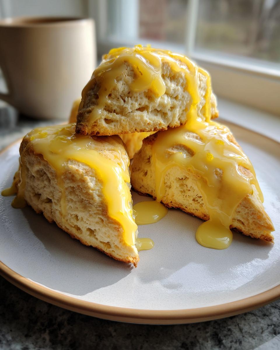 Three soft lemon scones stacked on a plate, generously drizzled with bright yellow lemon glaze and zest.