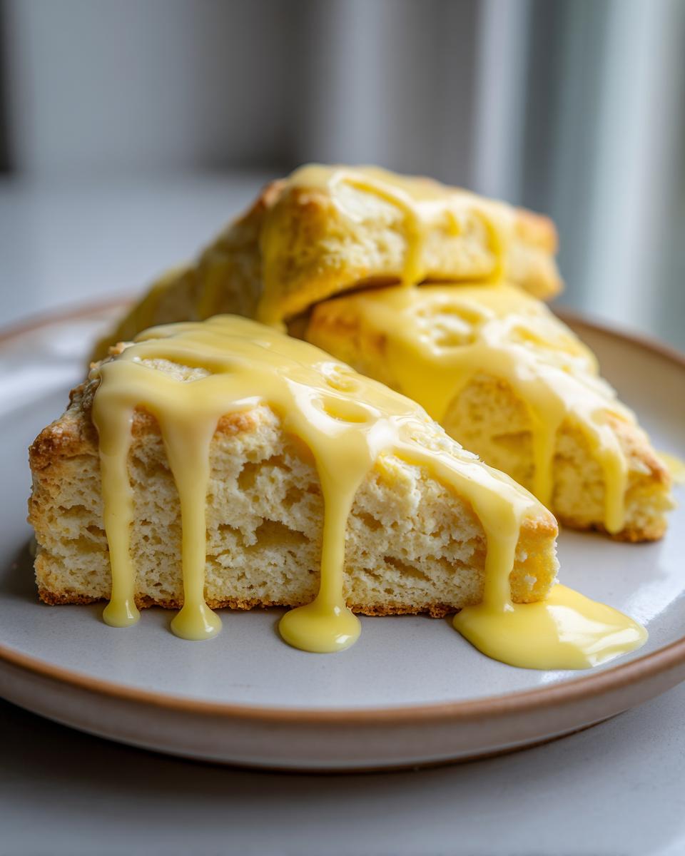 Close-up of soft lemon scones cut into wedges, generously topped with dripping yellow lemon glaze.