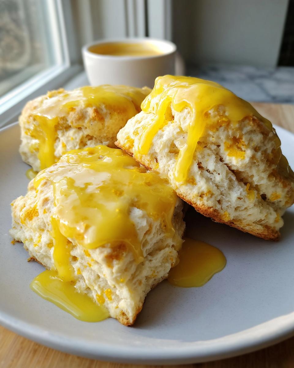Three fluffy lemon scones heavily drizzled with bright yellow lemon glaze, served on a light plate.