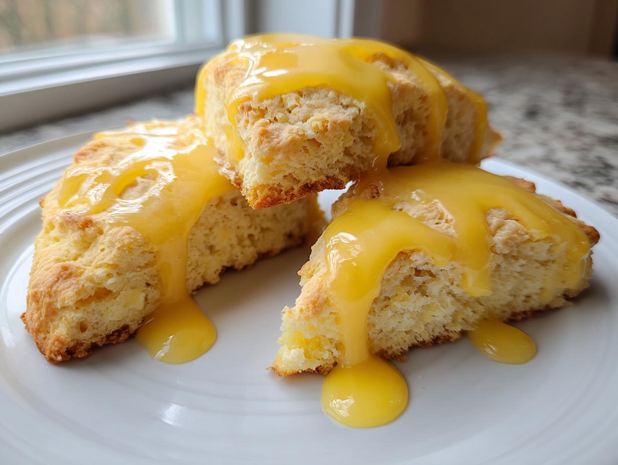 Three soft lemon scones stacked slightly on a white plate, generously drizzled with a thick, bright yellow lemon glaze.