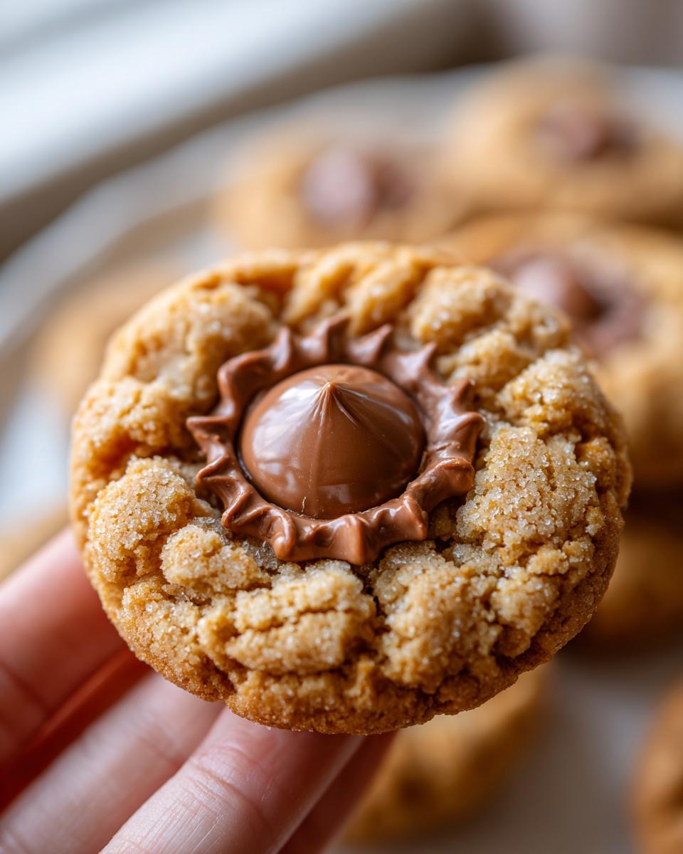 A hand holding a freshly baked peanut butter blossom cookie with a melted chocolate kiss center.