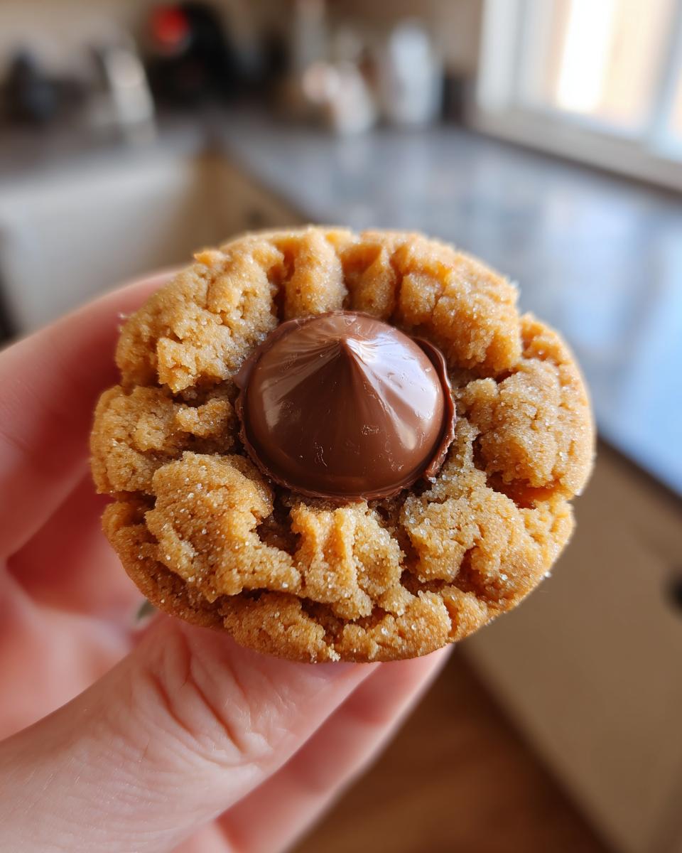 A hand holding a freshly baked, soft peanut butter blossom cookie topped with a milk chocolate kiss.