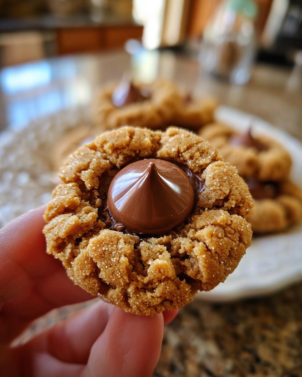 A hand holds up a soft, sugar-coated peanut butter blossom cookie with a melted chocolate kiss center.