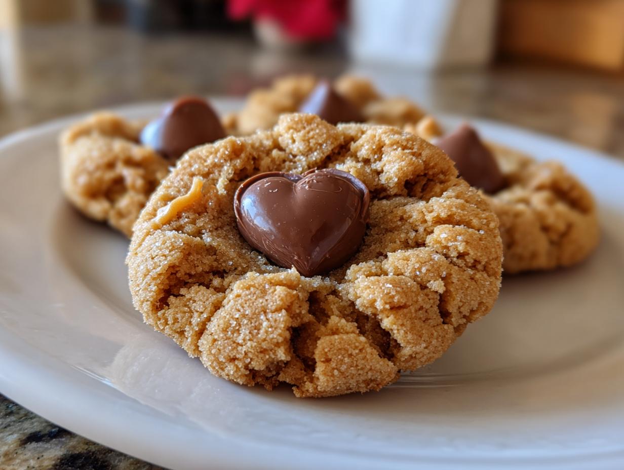 Close-up of a soft peanut butter blossom cookie rolled in sugar, topped with a heart-shaped chocolate candy.