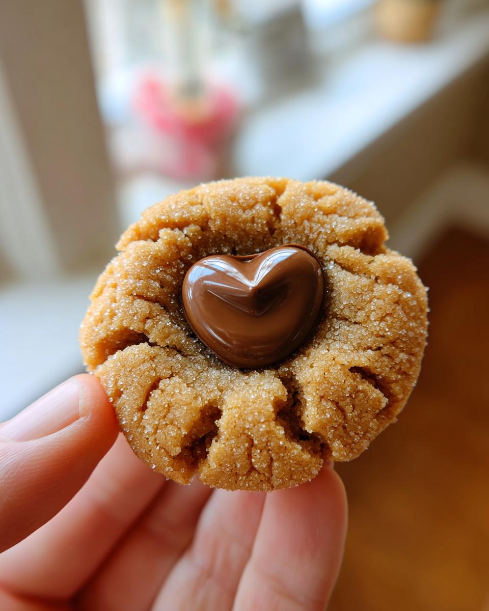 Close-up of a soft peanut butter blossom cookie rolled in sugar, topped with a shiny chocolate heart.