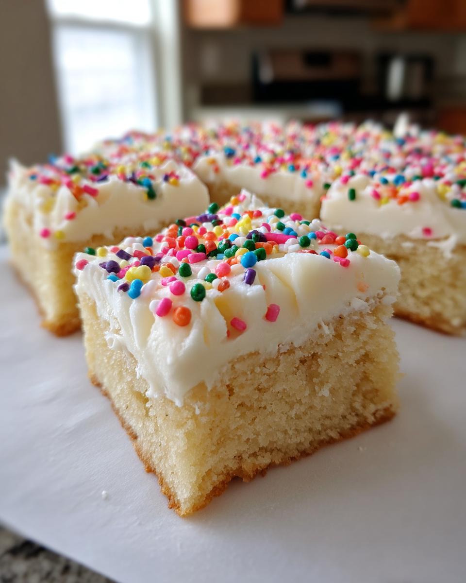 Close-up of a soft sugar cookie bars square topped with thick white frosting and colorful sprinkles.