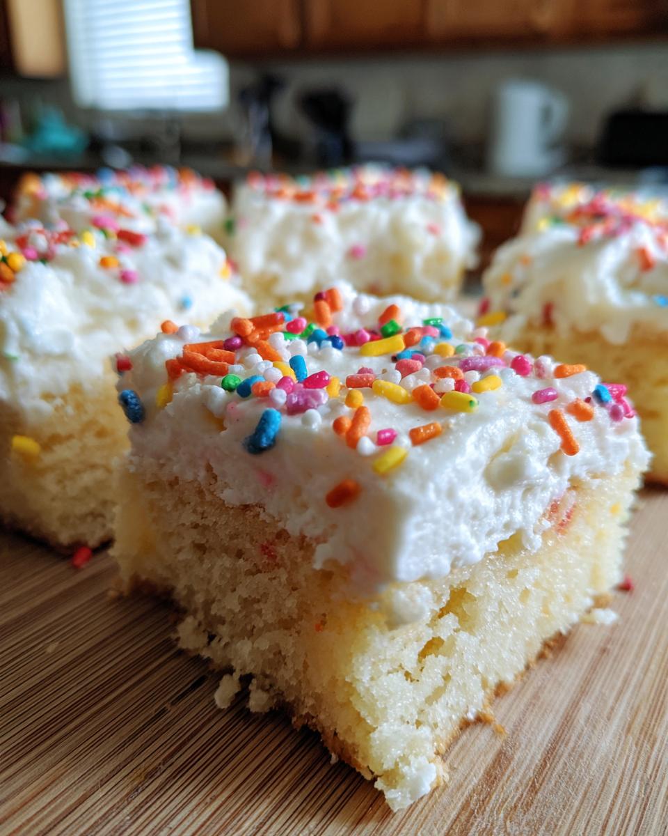 Close-up of a soft sugar cookie bars square topped with thick white frosting and colorful sprinkles.