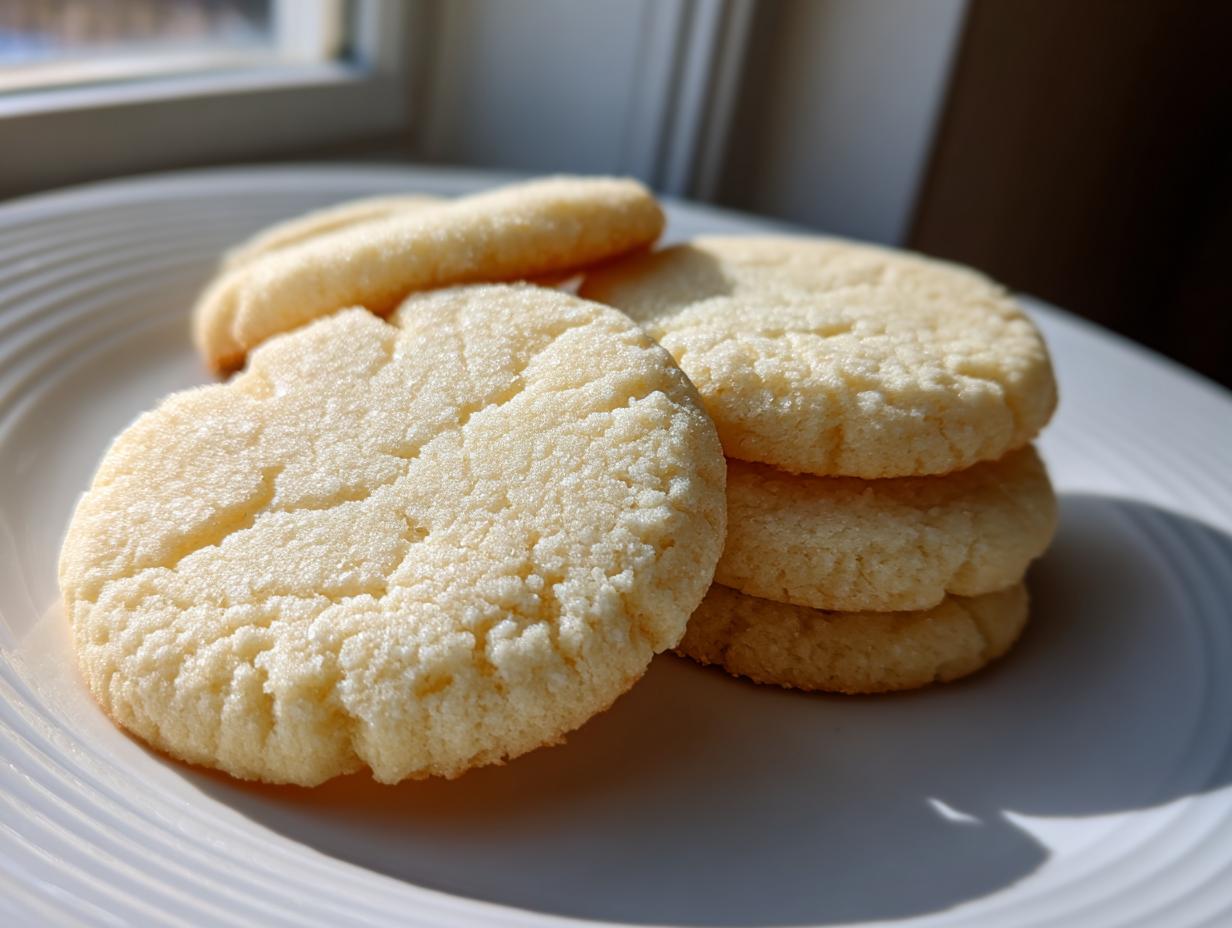 A stack of soft, pale yellow sugar cookie cutouts resting on a white plate near a window.