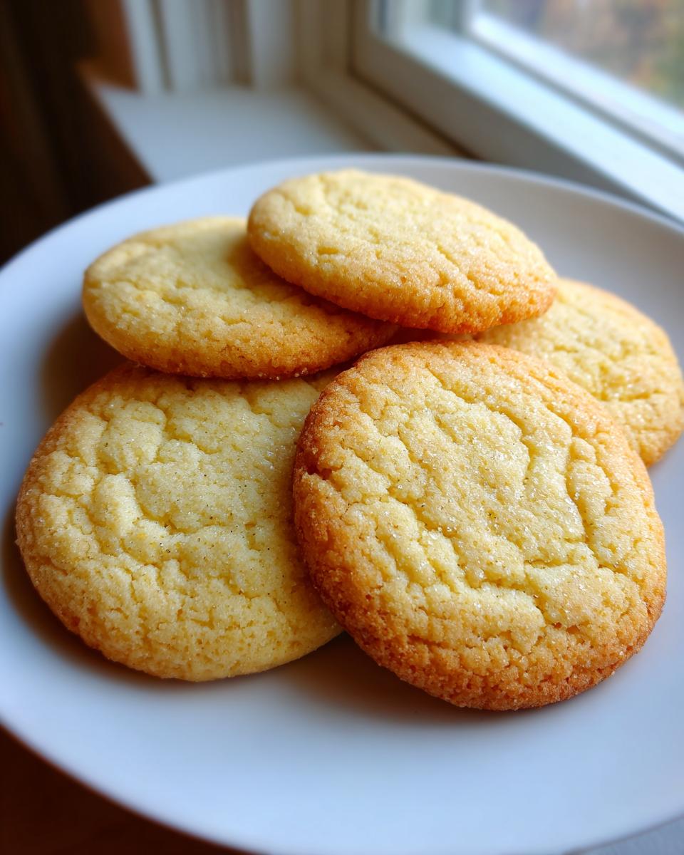 A stack of four golden-brown, soft baked sugar cookie rounds sprinkled with sugar on a white plate.