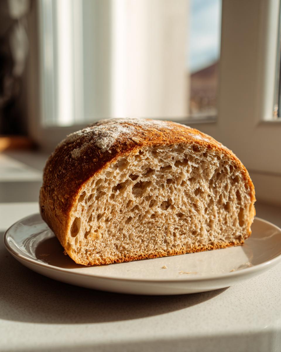 Close-up of the interior crumb structure of a freshly baked whole wheat bread loaf sitting on a plate.