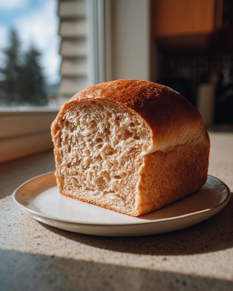 A freshly baked loaf of whole wheat bread, cut to show the soft, airy crumb, resting on a plate.