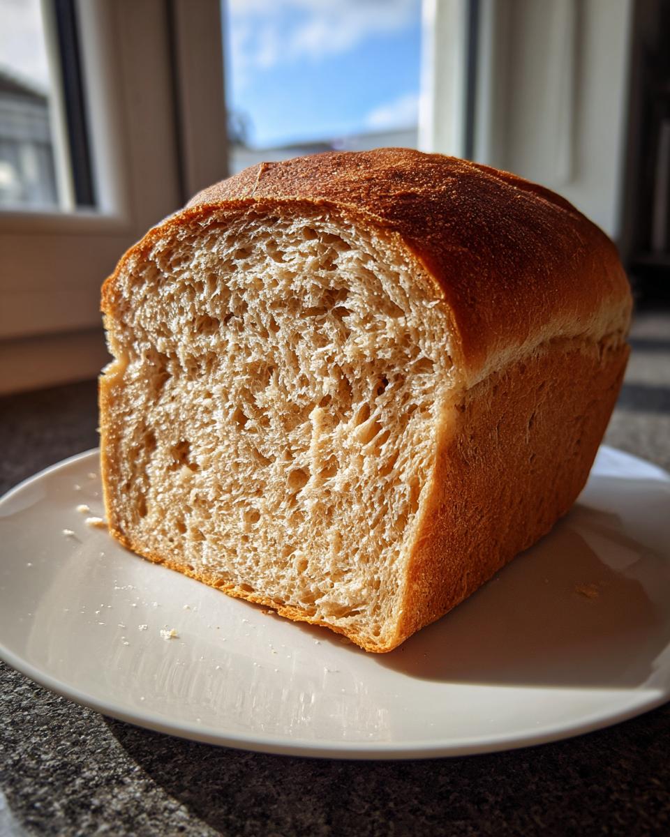 A cross-section view of a soft, homemade whole wheat bread loaf sitting on a white plate.