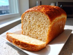 A freshly baked loaf of whole wheat bread, golden brown on top, with one soft slice resting beside it on a white plate.