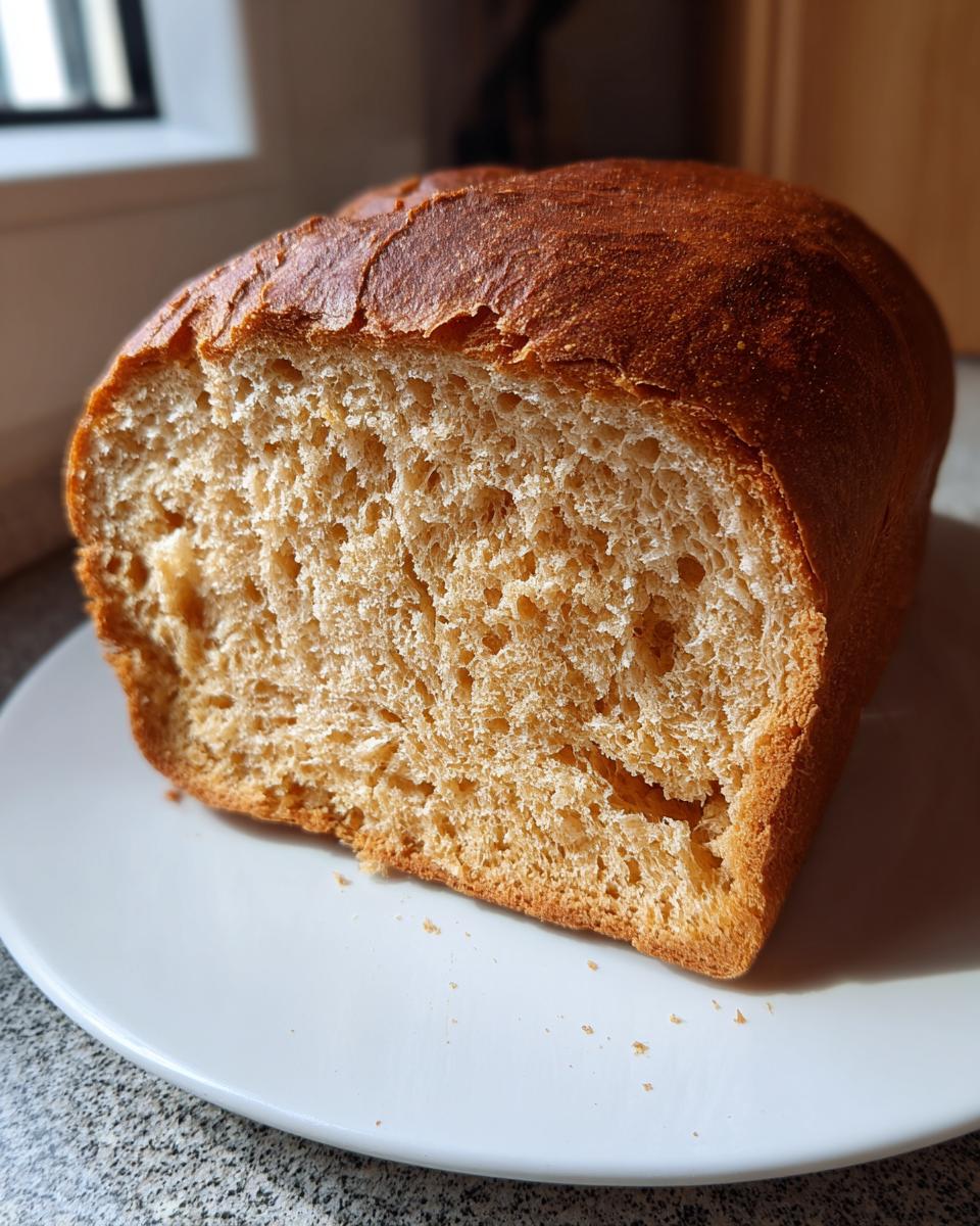 Close-up of a soft, golden-brown whole wheat bread loaf, showing the airy crumb structure, resting on a white plate.
