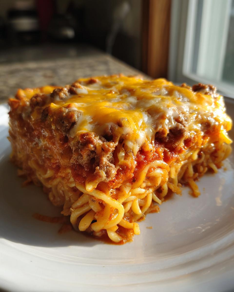 A square serving of sour cream beef noodle casserole topped with melted cheddar and mozzarella cheese.