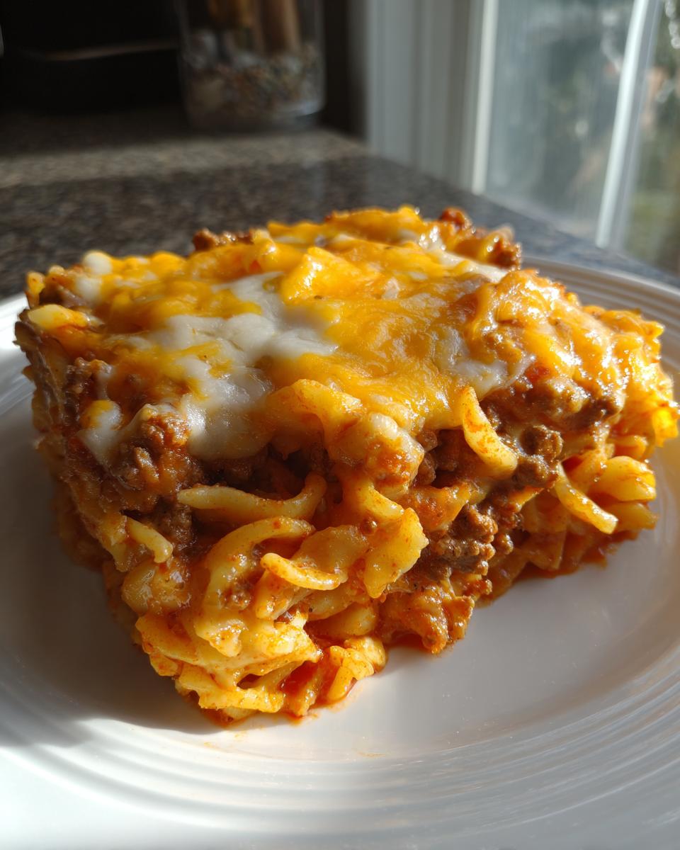 A hearty slice of sour cream beef noodle casserole topped with melted cheddar and mozzarella cheese on a white plate.