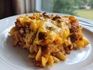 A close-up serving of sour cream beef noodle casserole topped with melted cheddar cheese.