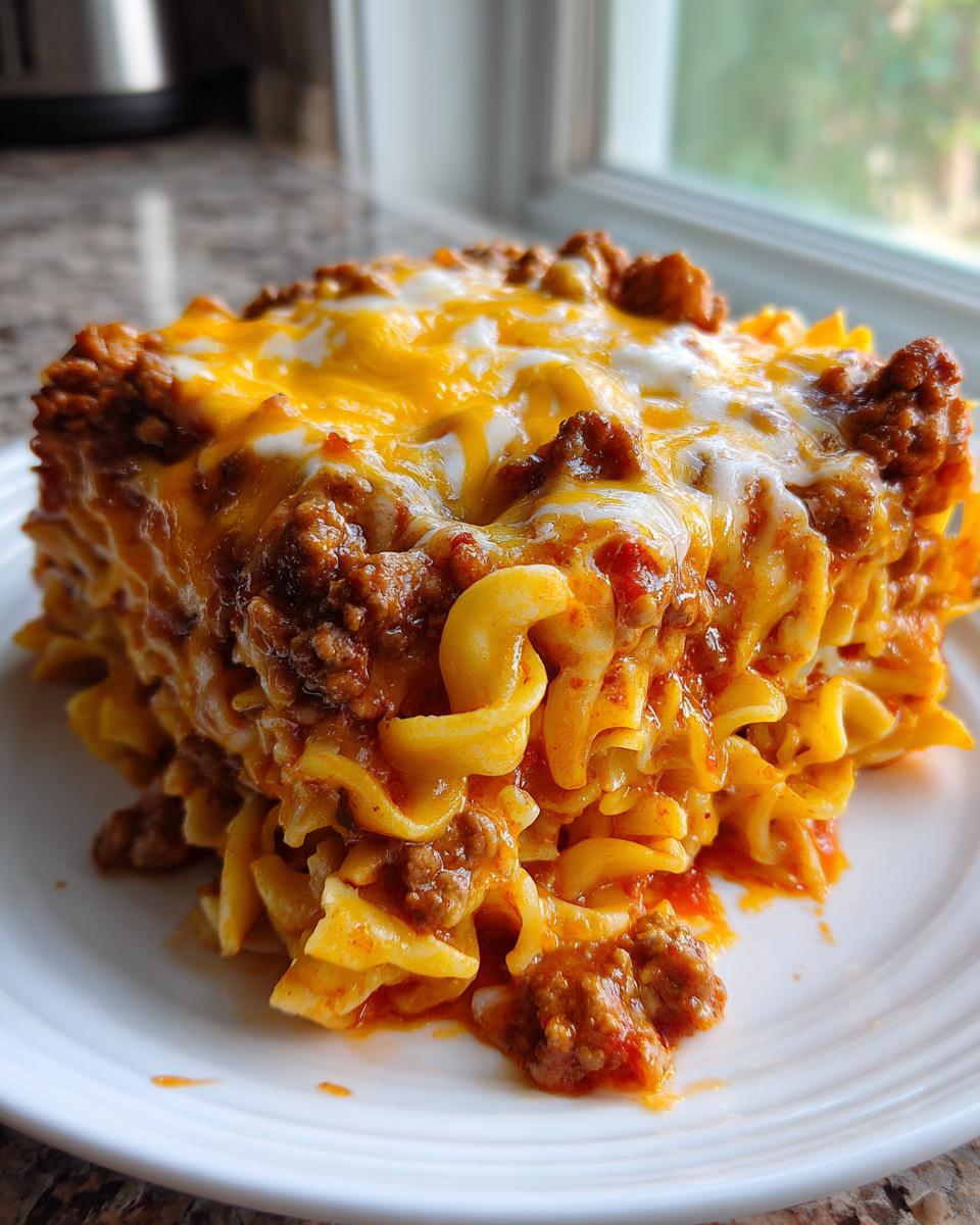 A hearty square serving of sour cream beef noodle casserole topped with melted cheddar and white cheese.