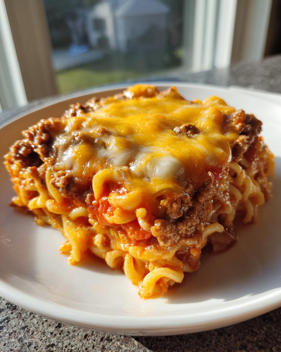 A close-up serving of sour cream beef noodle casserole topped with melted cheddar and white cheese.