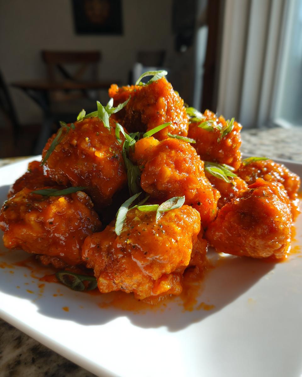 A close-up of crispy, saucy bang bang chicken pieces piled high and garnished with fresh green onions.