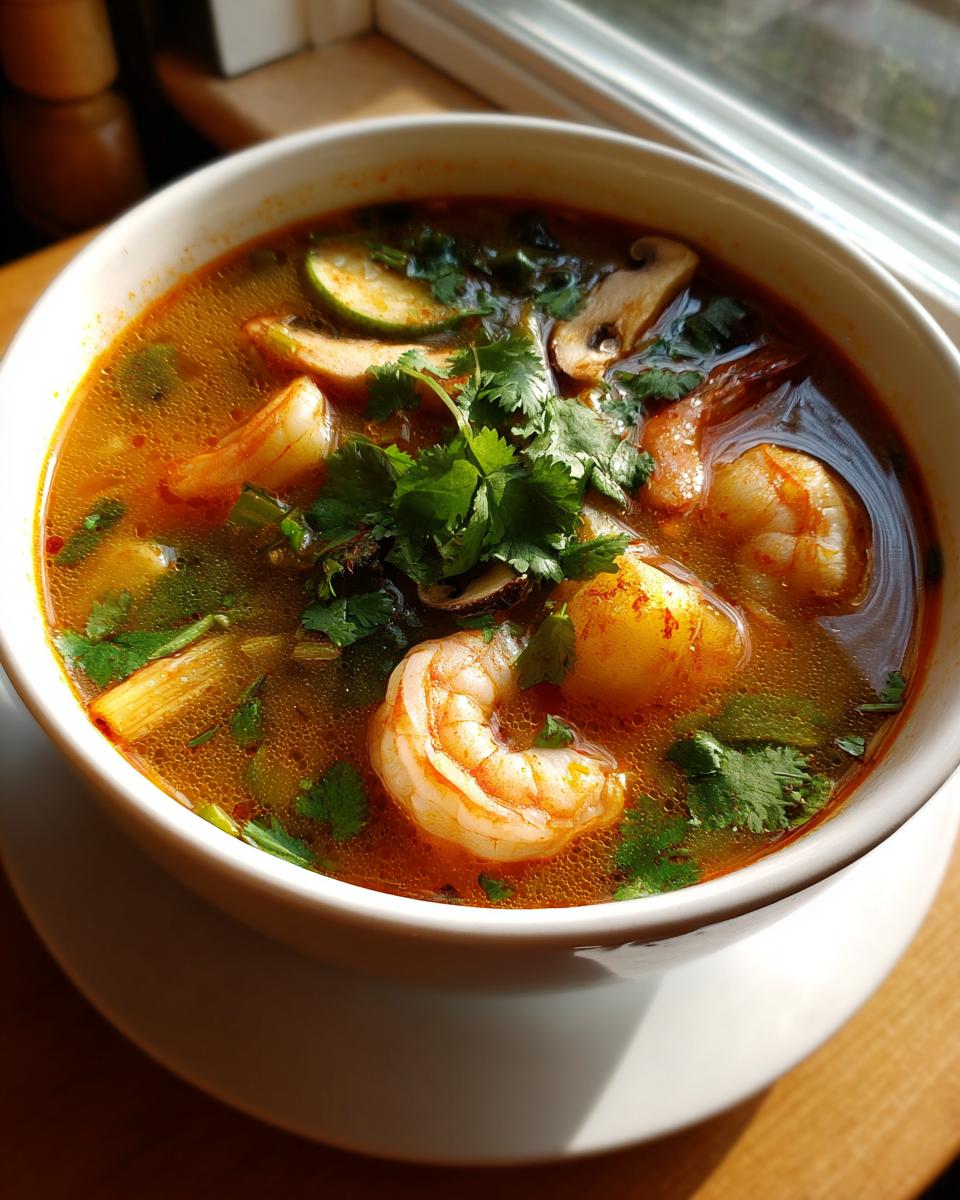 Close-up of a steaming bowl of authentic Tom Yum soup featuring large shrimp, mushrooms, and fresh cilantro.