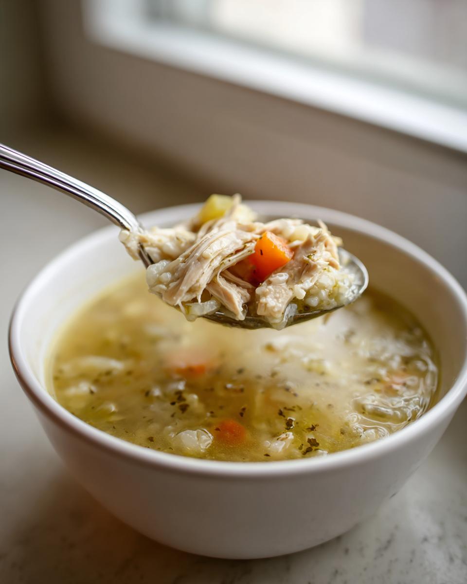 A spoonful of rich leftover turkey soup, showing shredded turkey, carrots, and rice, lifted from a white bowl.