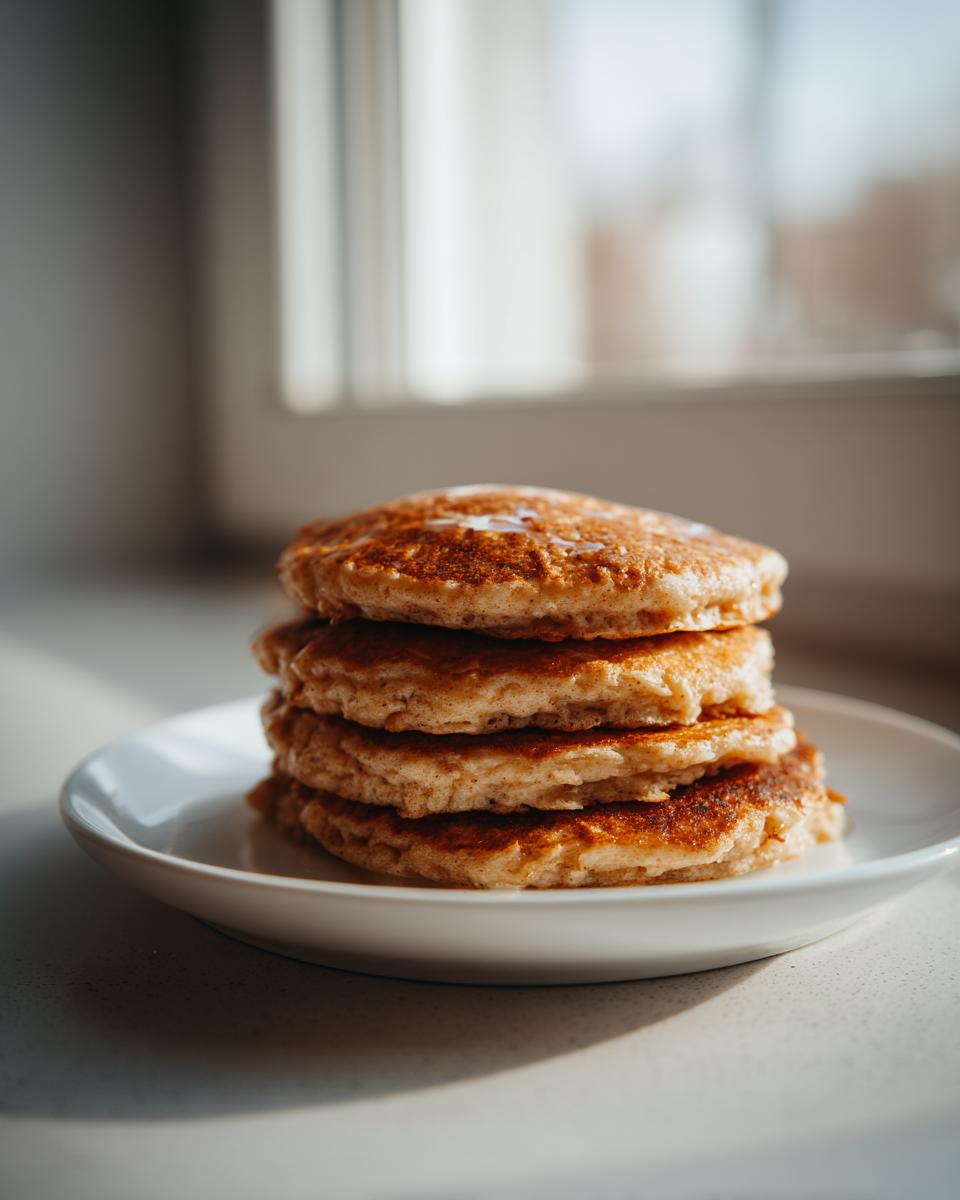 A stack of four golden brown banana oatmeal pancakes drizzled with syrup on a white plate.