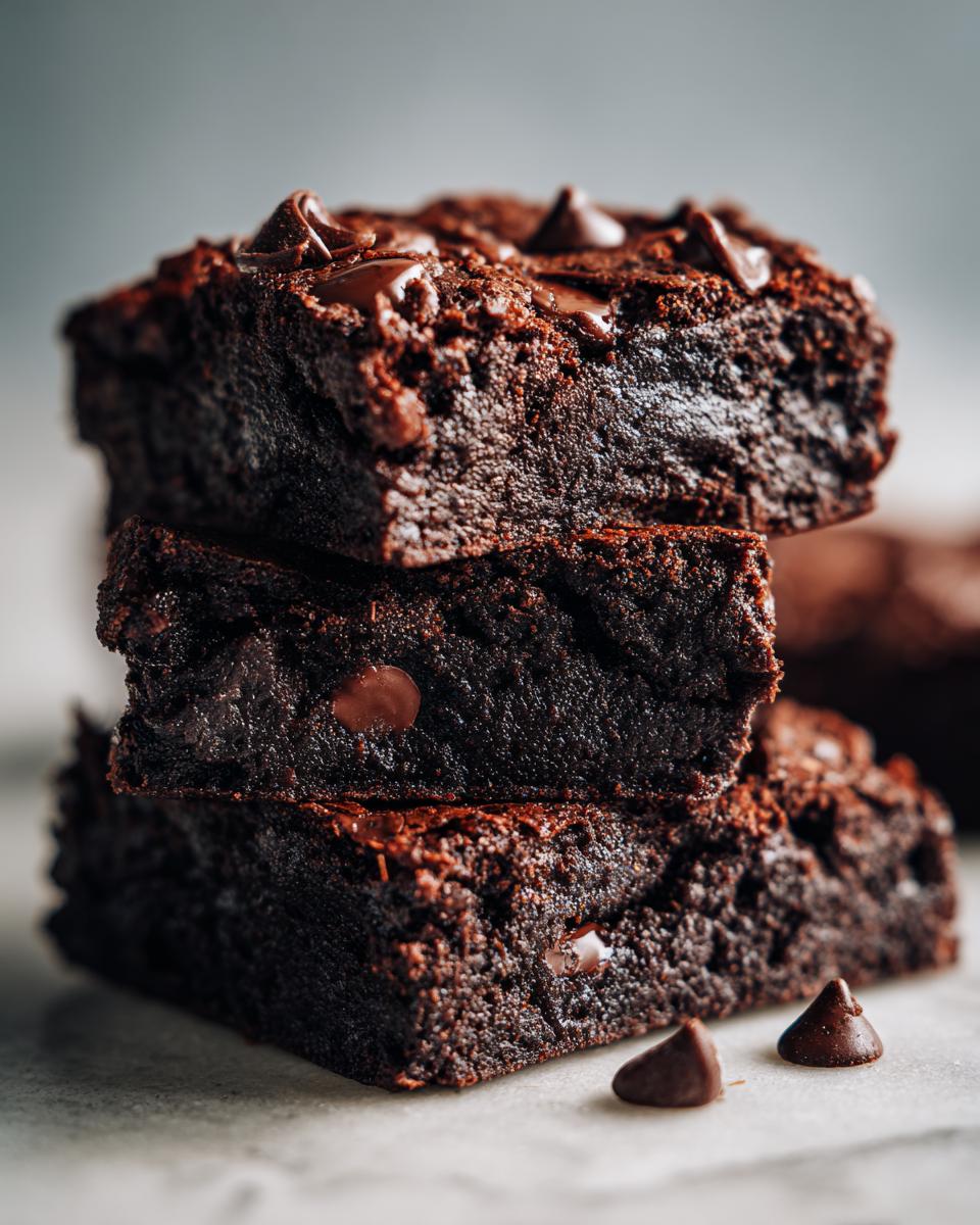 Close-up of a stack of three rich, dark black bean brownies topped with melted chocolate chips.