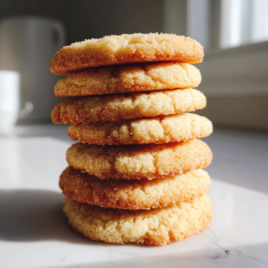 A vertical stack of six golden brown butter cookie rounds dusted with sugar, beautifully lit by sunlight.